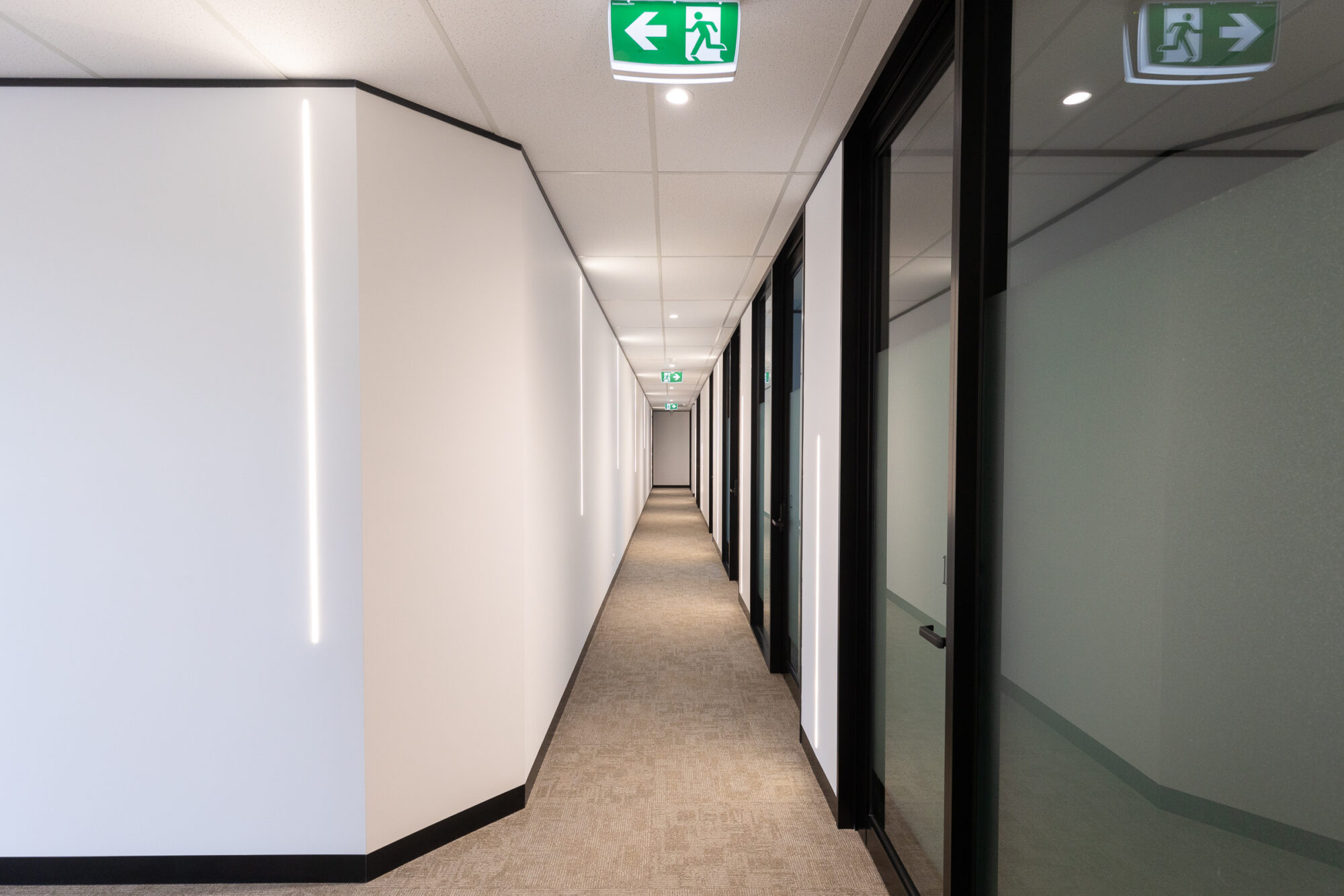 Premium commercial office corridor completed by Airey Building Group at M1 Business Hub, featuring glazed office suites, architectural LED wall lighting, commercial carpet flooring and contemporary workplace finishes. M1 Business Hub fitout Commercial office fitout Gold Coast Office fitout Helensvale Commercial builder Gold Coast Premium office fitout Business hub construction Commercial office refurbishment Workplace fitout Queensland Commercial interior construction Modern office fitout Gold Coast commercial builder Airey Building Group